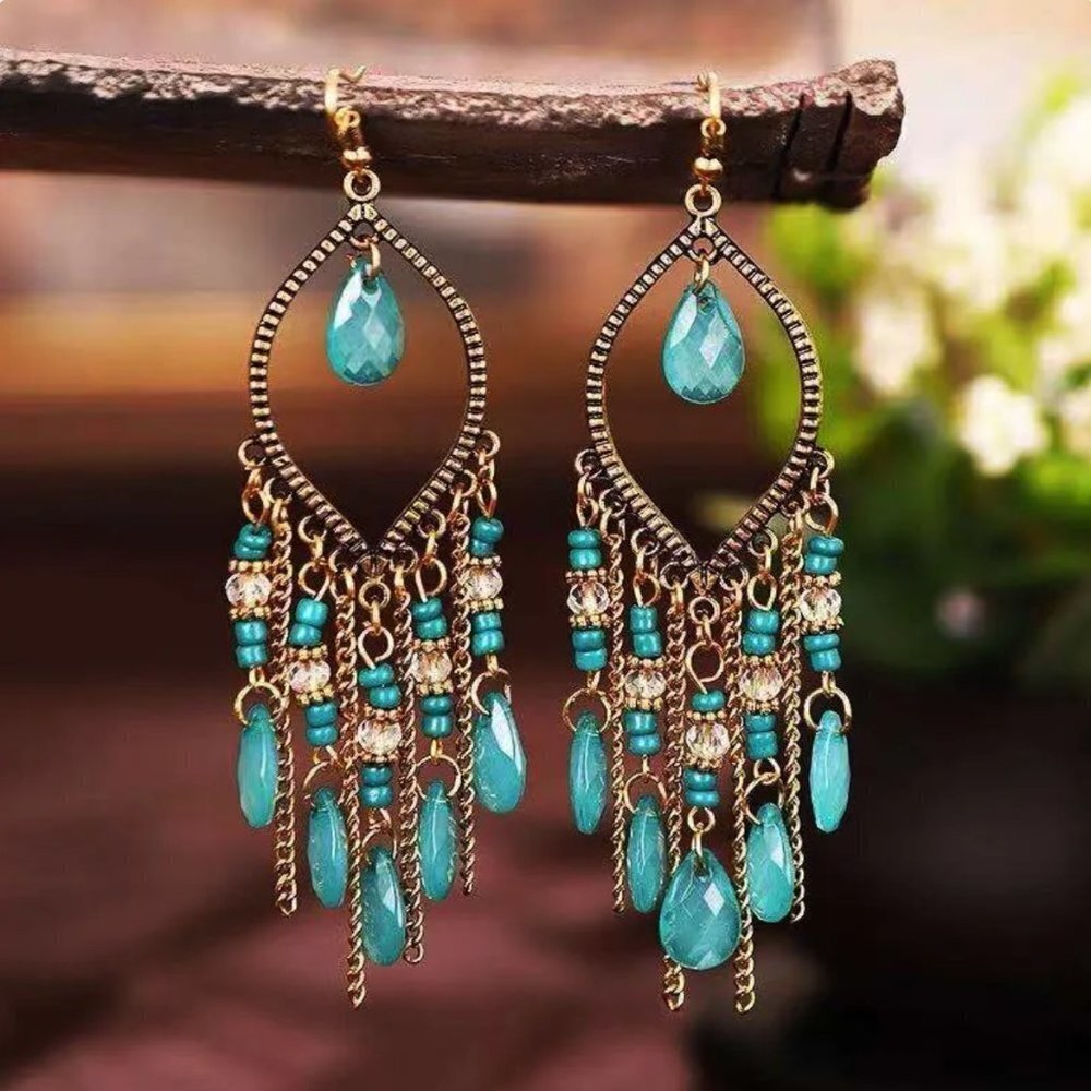 Bohemian Drop Chandelier Earrings Teal Blue Sparkle NEW